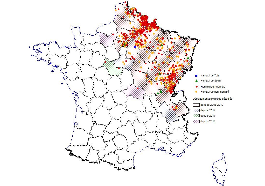 Communes avec au moins un cas d'infection récente par un hantavirus, France métropolitaine,  2012-2020.